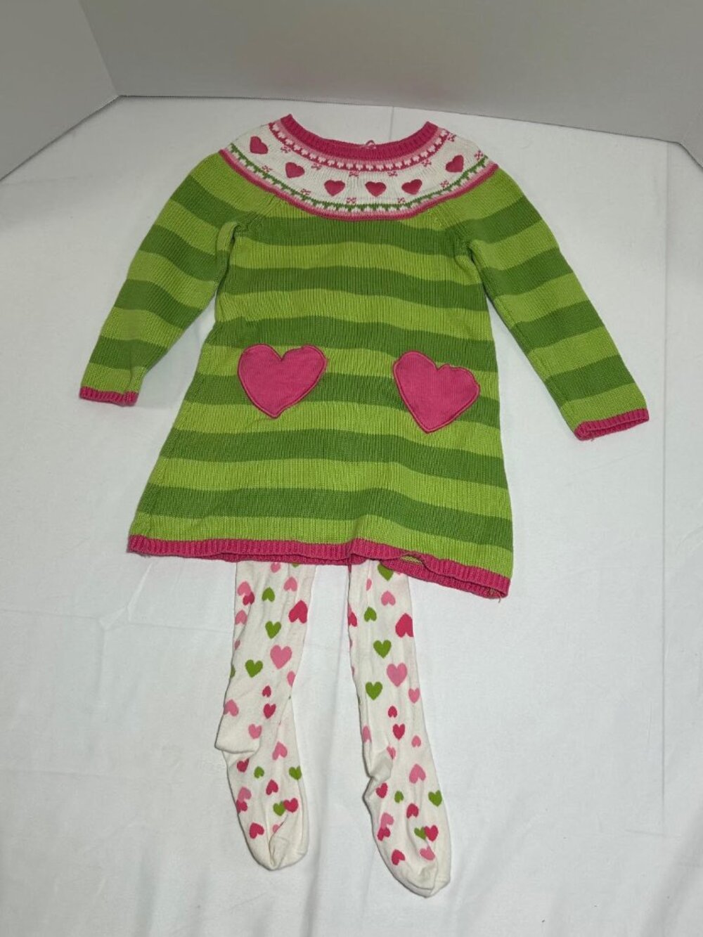 Gymboree Girls 3T Green Striped Pink Heart Sweater Dress Matching Tights